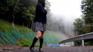 Perverted schoolgirls are captivated by outdoor exposure masturbation on an abandoned road
