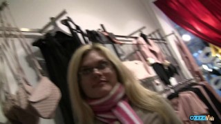 Naughty blonde flashes her ass in public while her boyfriend films