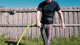 Man Gets Wet in Shiny Spandex Tights with Hose After Workout at Gym