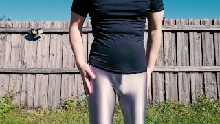 Man Gets Wet in Shiny Spandex Tights with Hose After Workout at Gym