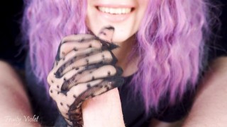 Intense handjob in transparent black lace gloves! She quickly jerks off his cock and enjoys big cum