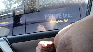 Flashing truck driver my big tits on the freeway