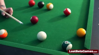 Big tits lesbian couple friendly strip pool game