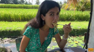 Cumwalk in Public Cafe Eating Pasta Carbonara with Sperm on Face