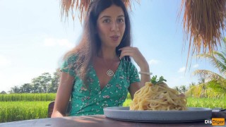 Cumwalk in Public Cafe Eating Pasta Carbonara with Sperm on Face