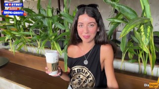 Blowjob in a Public Toilet Starbucks and Cumwalk - She drinks coffee with cum on face among people