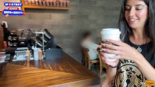 Blowjob in a Public Toilet Starbucks and Cumwalk - She drinks coffee with cum on face among people