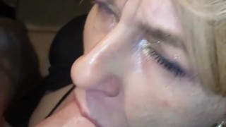 Hot blonde milf gives BJ and swallows