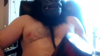 Gorilla masked man uses bad dragon mouth and cums on it.