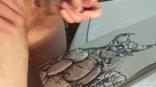 Leather demon monster cums on his own erotic devil art illustration.