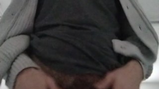 Bulging in red lace underwear while doing laundry