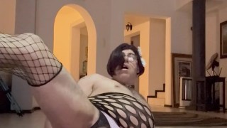 Crossdresser playing with toys