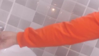 Inside the bathroom I feel horny at the end I've got a piss