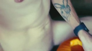 Skinny tatted boy carving & fucks a pumpkin