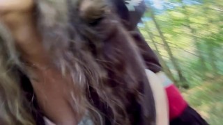 Sucking cock in the woods leads to a cream pie on a public trail! Watch the cum drip out of my pussy