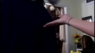 Busty brunette starlet bangs a horny guy with a strap-on