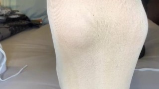 Oh my slave, come to the edge of my bed and test of my smelly and sweaty nylon pedsocks