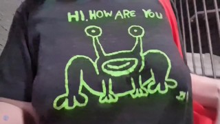 walking up the stairs without a bra