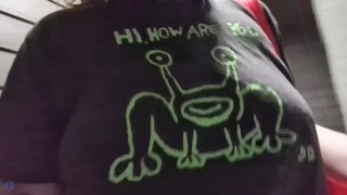 walking up the stairs without a bra