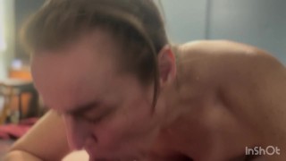 Mother in law comes in locks the door and sucks son in law till he cums and he also cums in her puss