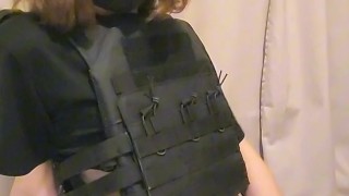 Twink femboy cums on his airsoft suit