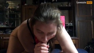 Gagged Handjob, Deep Throat with a Big Dick and Cumshot Beautiful Bitch in the Face - Lovessie