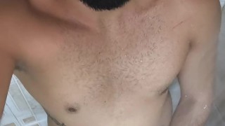 Camilo Brown Jerking His Big Uncut Cock in the Shower and Eating His Own Cum