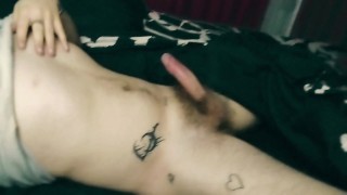 Horny Teen boy, helping himself on the bed hoping someone walks in on him.