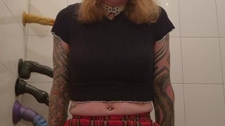 Sissy schoolgirl is back riding the dildo