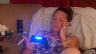 Pretty Milf playing fortnite and smoking cigarette lets me film up her purple mini skirt (part 3)