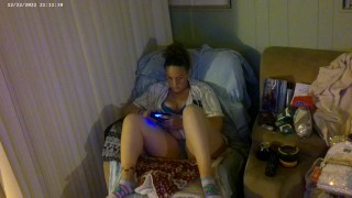 Pretty busty girl in her unbutton base ball jersey showing off bra and panties and smoking and games