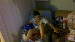 Pretty busty girl in her unbutton base ball jersey showing off bra and panties and smoking and games