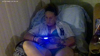 Pretty busty girl in her unbutton base ball jersey showing off bra and panties, feet and cleavage