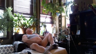 CUM ON FACE! Bear jerks off for you with cum on his face while roommate films!