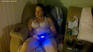 Step Mom smoking and playing video games in her bra and panties