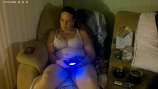 Step Mom smoking and playing video games in her bra and panties