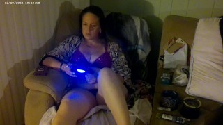 Hot Mom Smoking Cigarettes Playing video Games In Purple Bra and Panties