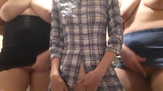 Three students masturbate in the shared kitchen of the dorm and quickly cum with loud moans