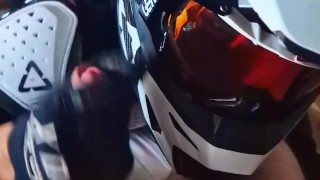 In full motocross gear I approach a guy and suck his big dick