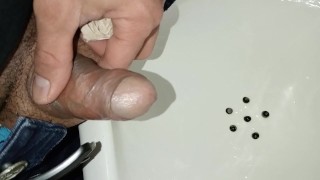 Desperate pissing in a public bathroom, they almost caught me close-up, submissive gay