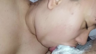 bitch smears herself with all the creampie from the pervert, who enjoys her blowjob a lot