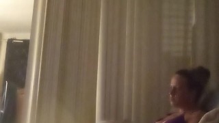 Nasty roommate masturbating to pretty busty girl in bra and panties while she is playing video games