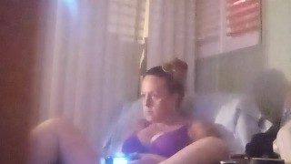Nasty roommate masturbating to pretty busty girl in bra and panties while she is playing video games