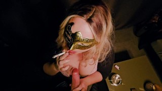 Amateur blonde smoking and playing with my cock