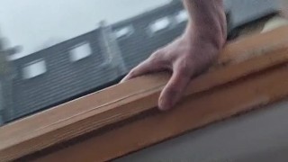 Me quickly flashing my tiny soft cock to the street at my window in the morning