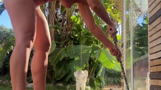 I clean my backyard and house completely naked