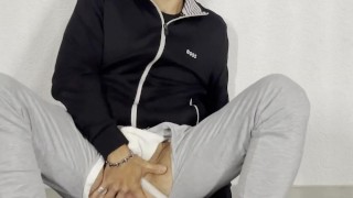 Hunk in NIKE socks is playing with his pussy untill he gots anal orgasm and cums handsfree