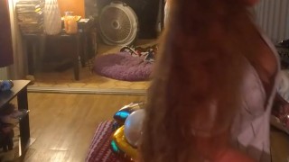Hot step mom in bra and panties popping balloons with cigarettes, gets her horny and pussy soaked