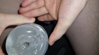 Skinny gay with big cock cuming inside pocket pussy