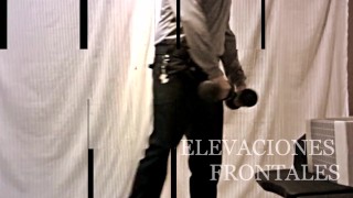 elevaciones frontales con mancuernas, uniforme de vigilante de suguridad, con polla por fuera